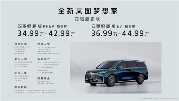 首款华为乾崑智驾MPV 全新岚图梦想家开售：34.99万起