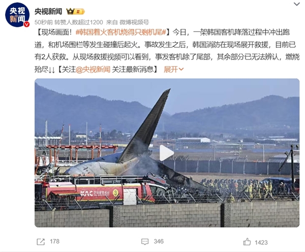 现场画面！韩国客机起火爆炸烧得只剩机尾：179人遇难 2名生还者均为乘务员